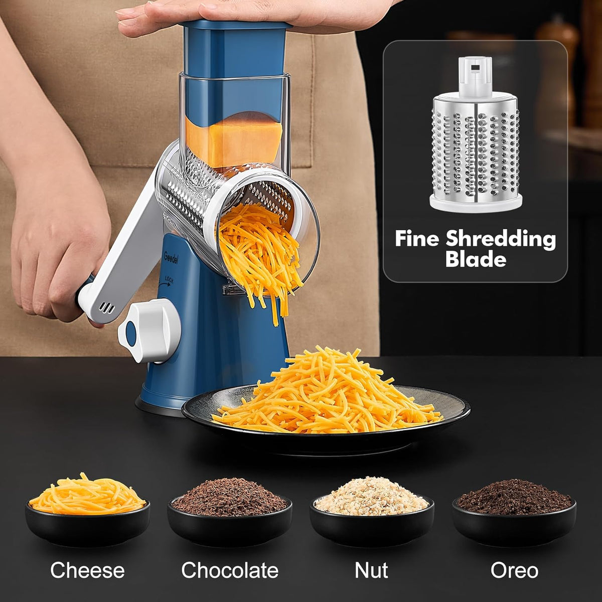 Rotary Cheese Grater Hand Crank, Cheese Shredder Vegetable Slicer | 3 Blades, 430 Stainless Steel, 12x Fast Cutting, Strong Suction Base, No BPA, Dishwasher Safe, for Cheese, Veggie, Nut