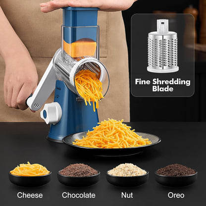 Rotary Cheese Grater Hand Crank, Cheese Shredder Vegetable Slicer | 3 Blades, 430 Stainless Steel, 12x Fast Cutting, Strong Suction Base, No BPA, Dishwasher Safe, for Cheese, Veggie, Nut