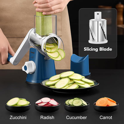 Rotary Cheese Grater Hand Crank, Cheese Shredder Vegetable Slicer | 3 Blades, 430 Stainless Steel, 12x Fast Cutting, Strong Suction Base, No BPA, Dishwasher Safe, for Cheese, Veggie, Nut