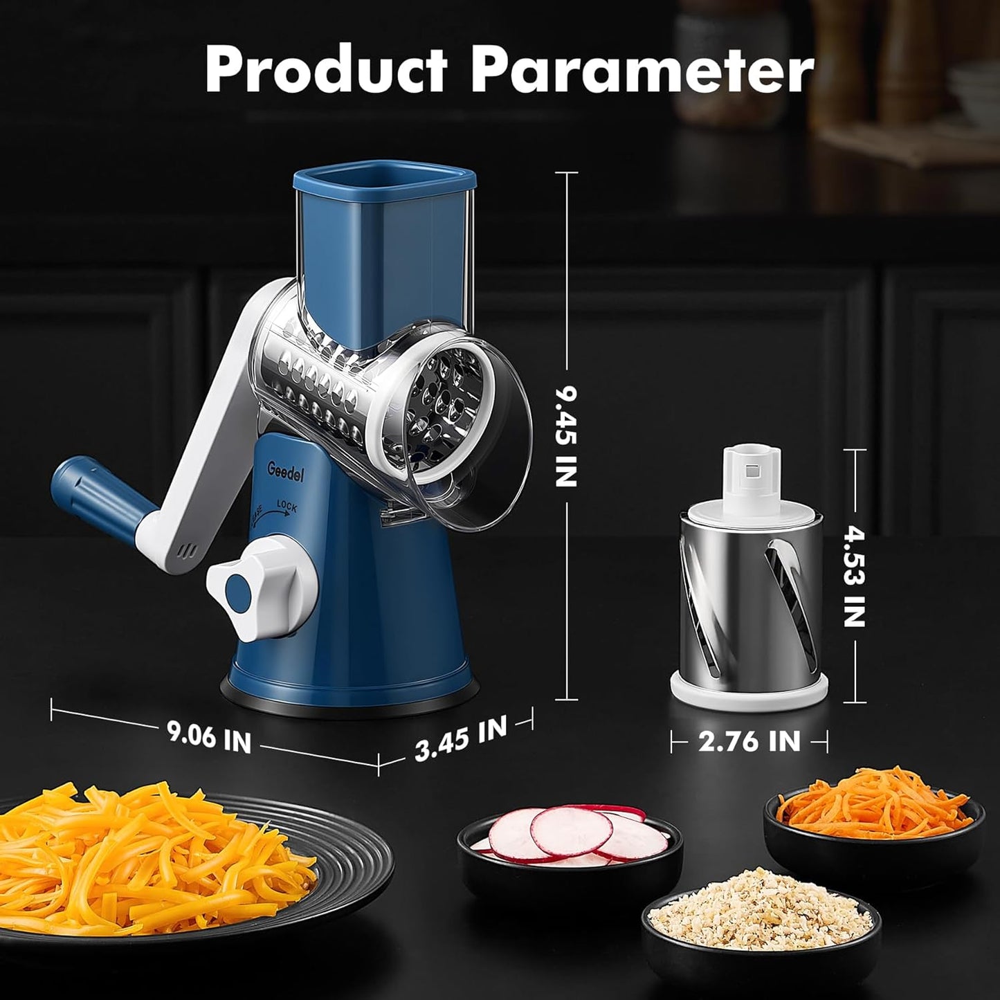 Rotary Cheese Grater Hand Crank, Cheese Shredder Vegetable Slicer | 3 Blades, 430 Stainless Steel, 12x Fast Cutting, Strong Suction Base, No BPA, Dishwasher Safe, for Cheese, Veggie, Nut