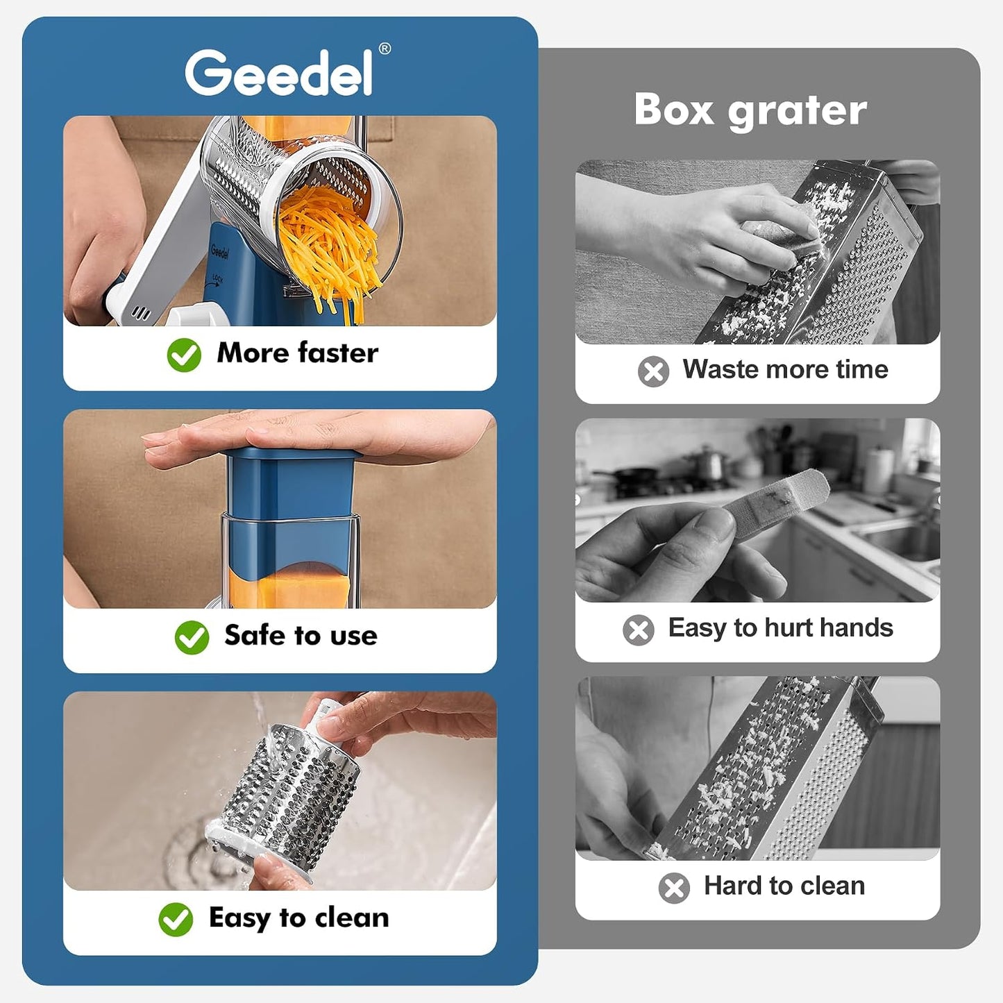 Rotary Cheese Grater Hand Crank, Cheese Shredder Vegetable Slicer | 3 Blades, 430 Stainless Steel, 12x Fast Cutting, Strong Suction Base, No BPA, Dishwasher Safe, for Cheese, Veggie, Nut