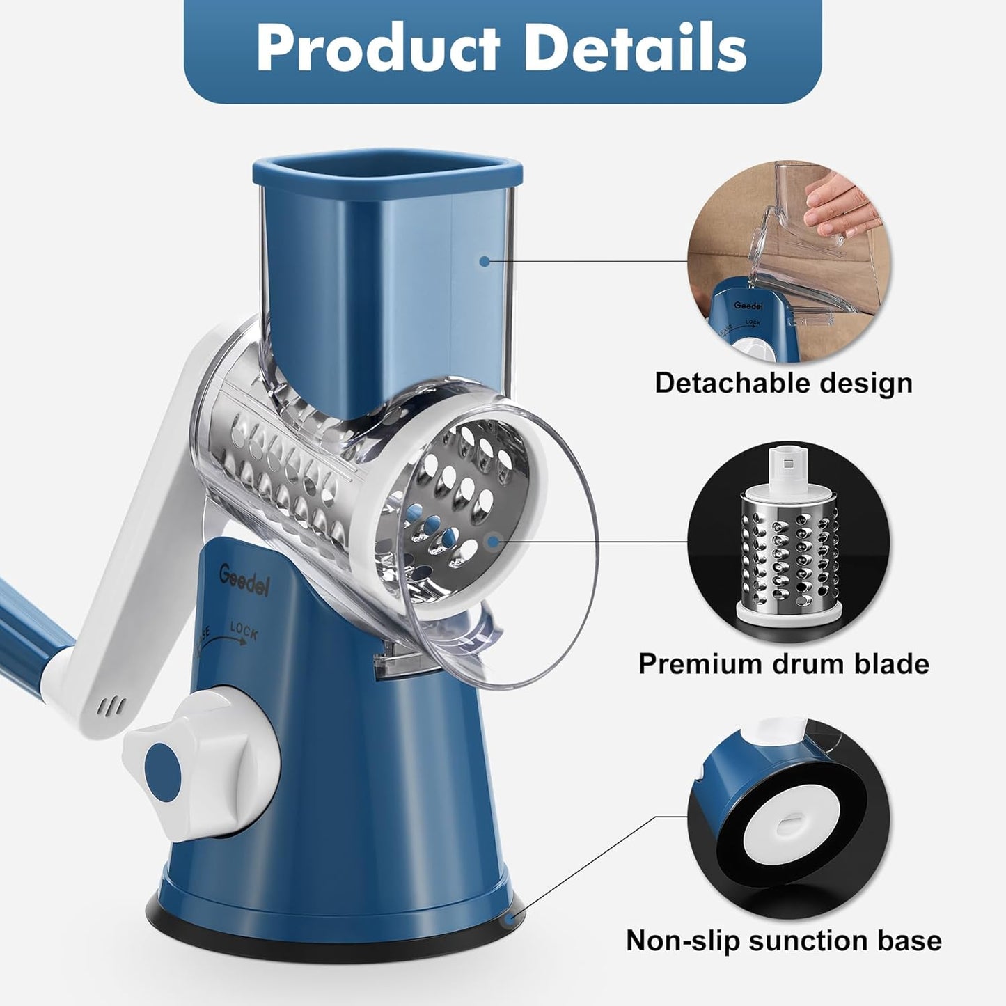 Rotary Cheese Grater Hand Crank, Cheese Shredder Vegetable Slicer | 3 Blades, 430 Stainless Steel, 12x Fast Cutting, Strong Suction Base, No BPA, Dishwasher Safe, for Cheese, Veggie, Nut