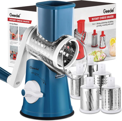 Rotary Cheese Grater Hand Crank, Cheese Shredder Vegetable Slicer | 3 Blades, 430 Stainless Steel, 12x Fast Cutting, Strong Suction Base, No BPA, Dishwasher Safe, for Cheese, Veggie, Nut