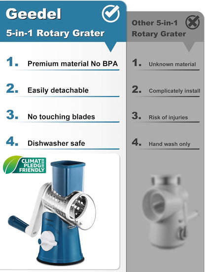 Rotary Cheese Grater Hand Crank, Cheese Shredder Vegetable Slicer | 3 Blades, 430 Stainless Steel, 12x Fast Cutting, Strong Suction Base, No BPA, Dishwasher Safe, for Cheese, Veggie, Nut