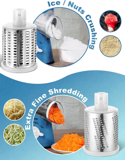 Rotary Cheese Grater Hand Crank, Cheese Shredder Vegetable Slicer | 3 Blades, 430 Stainless Steel, 12x Fast Cutting, Strong Suction Base, No BPA, Dishwasher Safe, for Cheese, Veggie, Nut