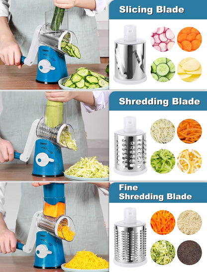 Rotary Cheese Grater Hand Crank, Cheese Shredder Vegetable Slicer | 3 Blades, 430 Stainless Steel, 12x Fast Cutting, Strong Suction Base, No BPA, Dishwasher Safe, for Cheese, Veggie, Nut