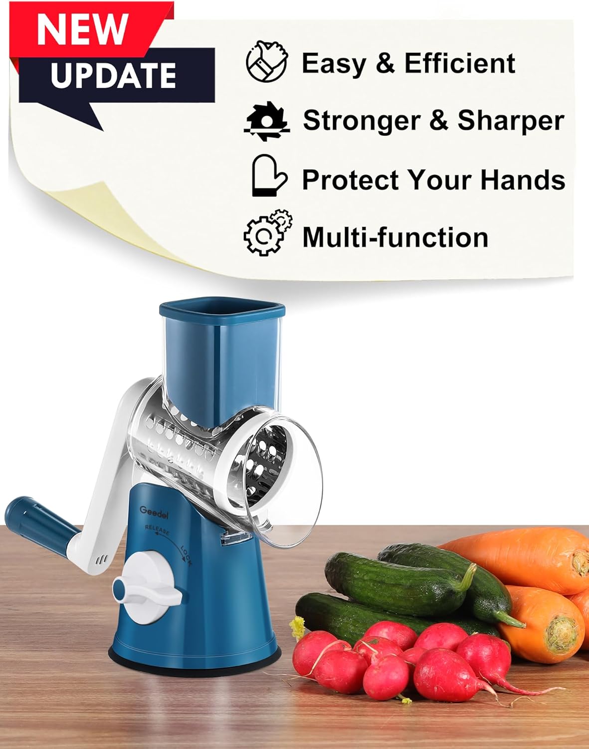 Rotary Cheese Grater Hand Crank, Cheese Shredder Vegetable Slicer | 3 Blades, 430 Stainless Steel, 12x Fast Cutting, Strong Suction Base, No BPA, Dishwasher Safe, for Cheese, Veggie, Nut