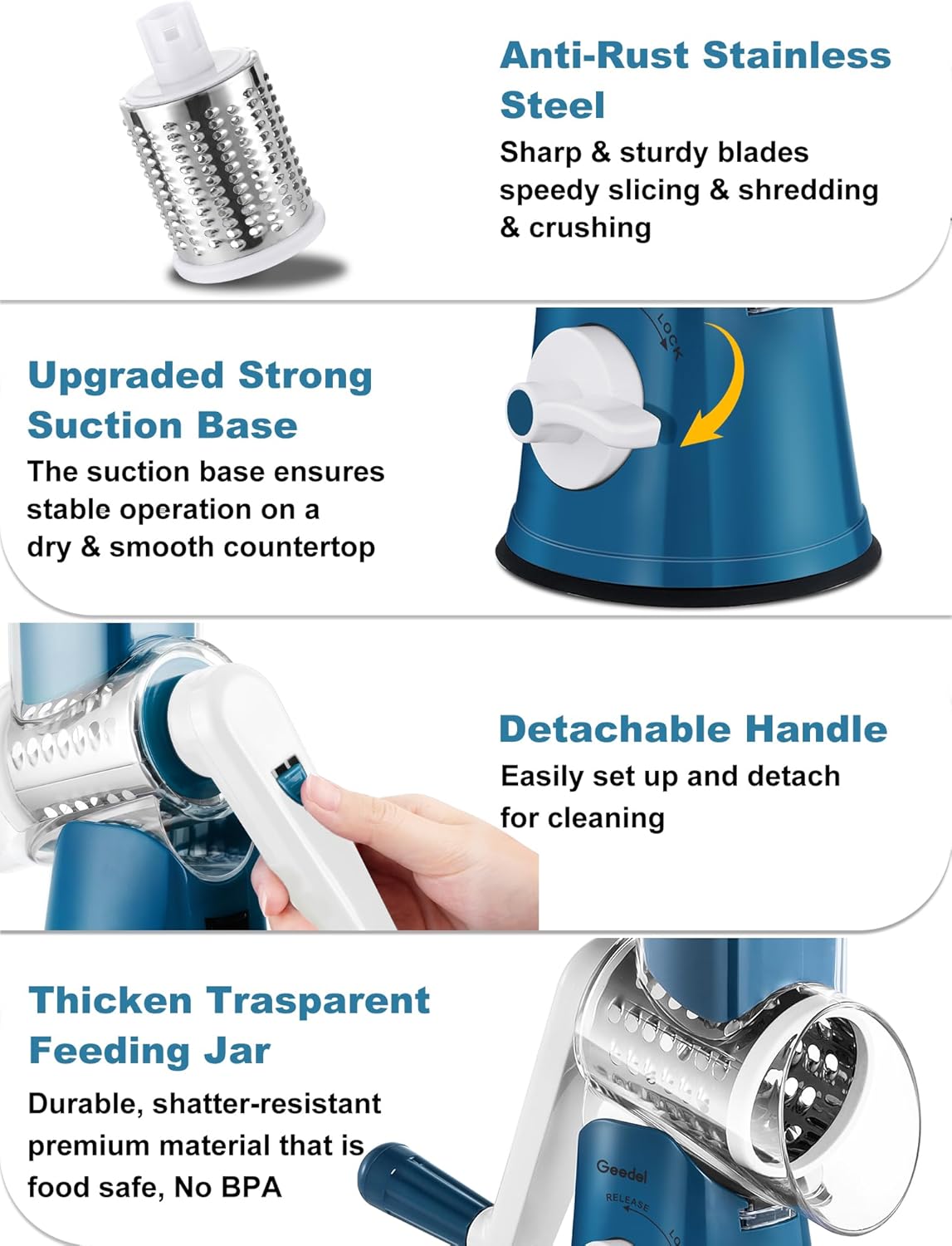 Rotary Cheese Grater Hand Crank, Cheese Shredder Vegetable Slicer | 3 Blades, 430 Stainless Steel, 12x Fast Cutting, Strong Suction Base, No BPA, Dishwasher Safe, for Cheese, Veggie, Nut