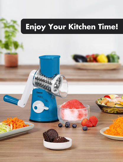 Rotary Cheese Grater Hand Crank, Cheese Shredder Vegetable Slicer | 3 Blades, 430 Stainless Steel, 12x Fast Cutting, Strong Suction Base, No BPA, Dishwasher Safe, for Cheese, Veggie, Nut