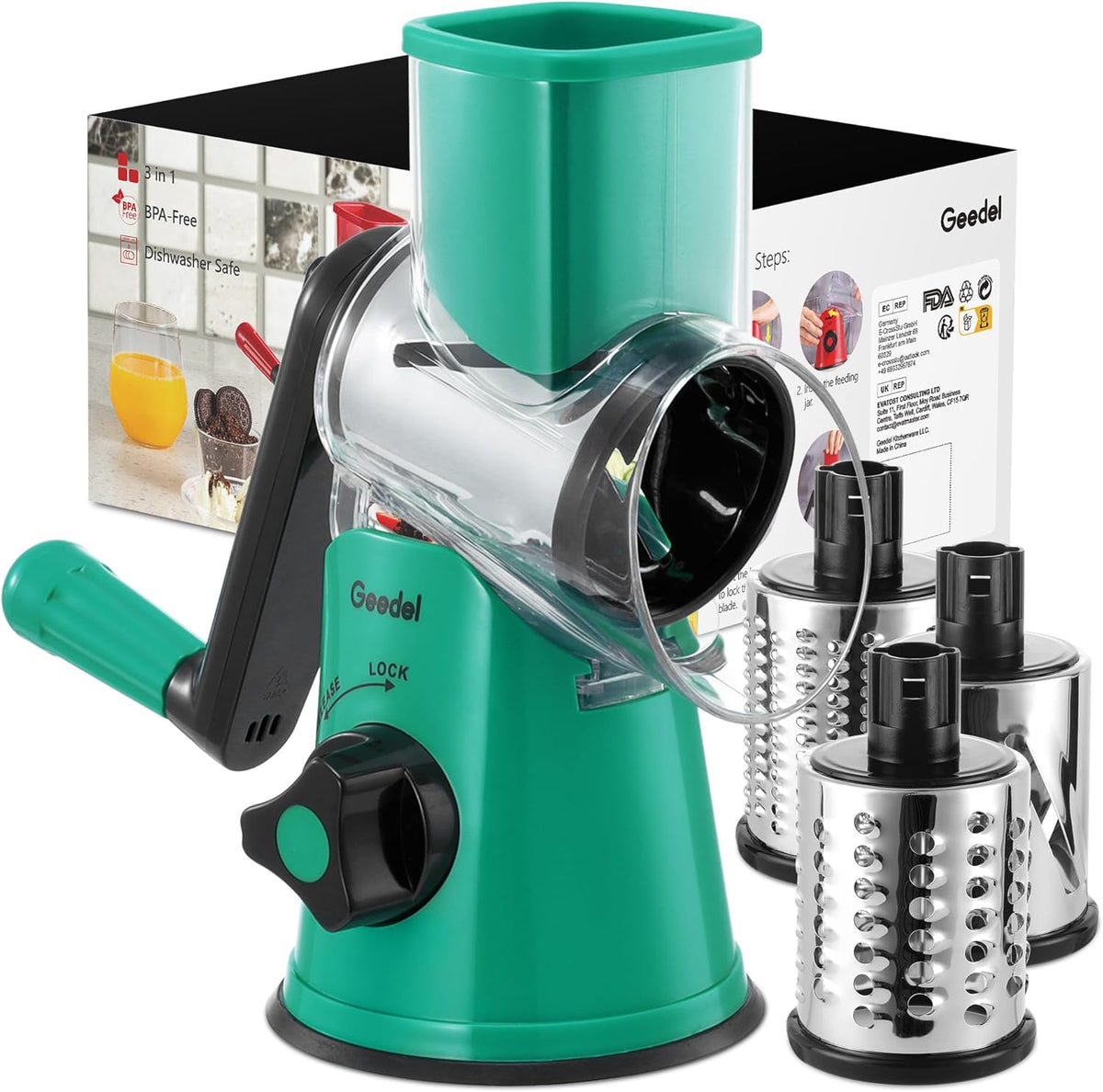 Rotary Cheese Grater Hand Crank, Cheese Shredder Vegetable Slicer | 3 Blades, 430 Stainless Steel, 12x Fast Cutting, Strong Suction Base, No BPA, Dishwasher Safe, for Cheese, Veggie, Nut