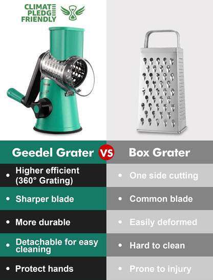 Rotary Cheese Grater Hand Crank, Cheese Shredder Vegetable Slicer | 3 Blades, 430 Stainless Steel, 12x Fast Cutting, Strong Suction Base, No BPA, Dishwasher Safe, for Cheese, Veggie, Nut