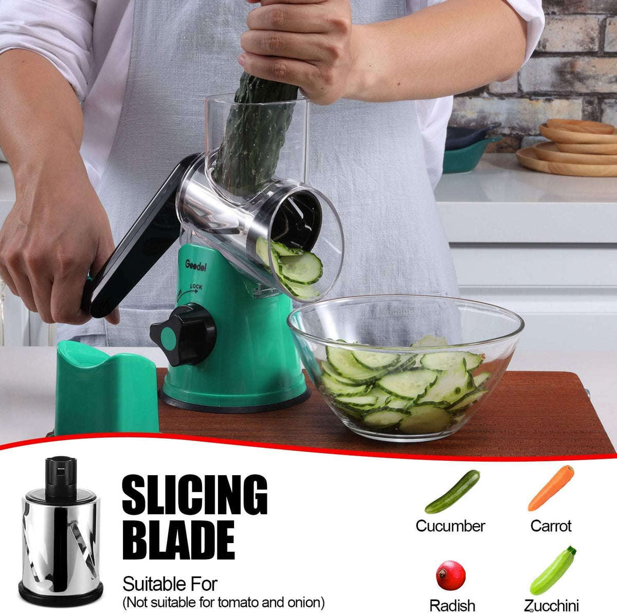 Rotary Cheese Grater Hand Crank, Cheese Shredder Vegetable Slicer | 3 Blades, 430 Stainless Steel, 12x Fast Cutting, Strong Suction Base, No BPA, Dishwasher Safe, for Cheese, Veggie, Nut