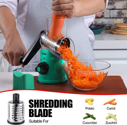 Rotary Cheese Grater Hand Crank, Cheese Shredder Vegetable Slicer | 3 Blades, 430 Stainless Steel, 12x Fast Cutting, Strong Suction Base, No BPA, Dishwasher Safe, for Cheese, Veggie, Nut