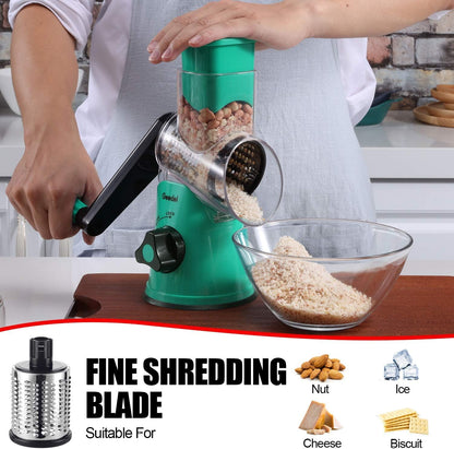Rotary Cheese Grater Hand Crank, Cheese Shredder Vegetable Slicer | 3 Blades, 430 Stainless Steel, 12x Fast Cutting, Strong Suction Base, No BPA, Dishwasher Safe, for Cheese, Veggie, Nut