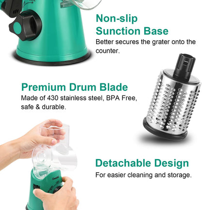 Rotary Cheese Grater Hand Crank, Cheese Shredder Vegetable Slicer | 3 Blades, 430 Stainless Steel, 12x Fast Cutting, Strong Suction Base, No BPA, Dishwasher Safe, for Cheese, Veggie, Nut
