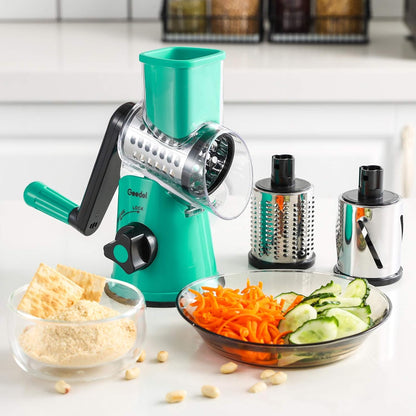 Rotary Cheese Grater Hand Crank, Cheese Shredder Vegetable Slicer | 3 Blades, 430 Stainless Steel, 12x Fast Cutting, Strong Suction Base, No BPA, Dishwasher Safe, for Cheese, Veggie, Nut
