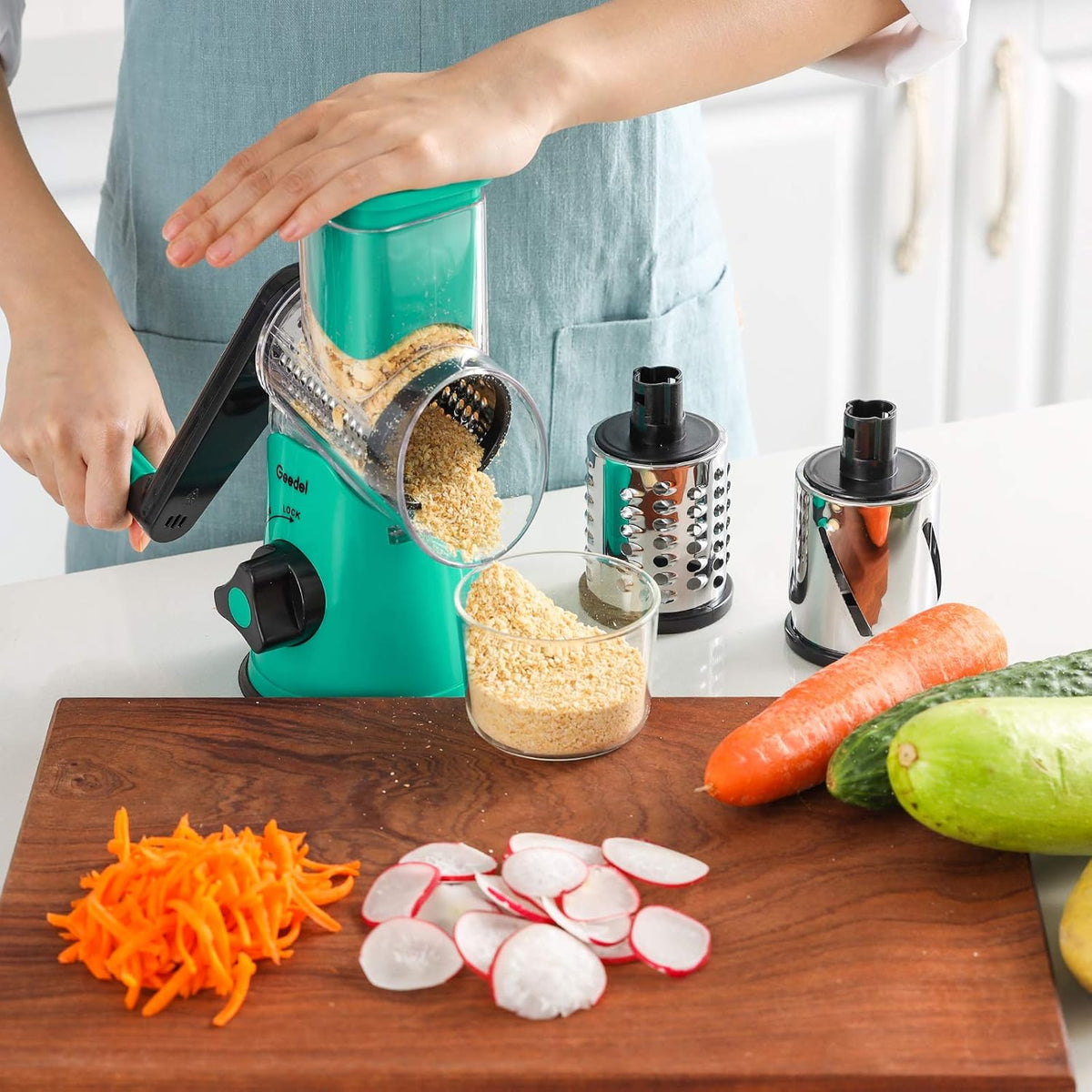 Rotary Cheese Grater Hand Crank, Cheese Shredder Vegetable Slicer | 3 Blades, 430 Stainless Steel, 12x Fast Cutting, Strong Suction Base, No BPA, Dishwasher Safe, for Cheese, Veggie, Nut