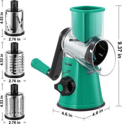 Rotary Cheese Grater Hand Crank, Cheese Shredder Vegetable Slicer | 3 Blades, 430 Stainless Steel, 12x Fast Cutting, Strong Suction Base, No BPA, Dishwasher Safe, for Cheese, Veggie, Nut
