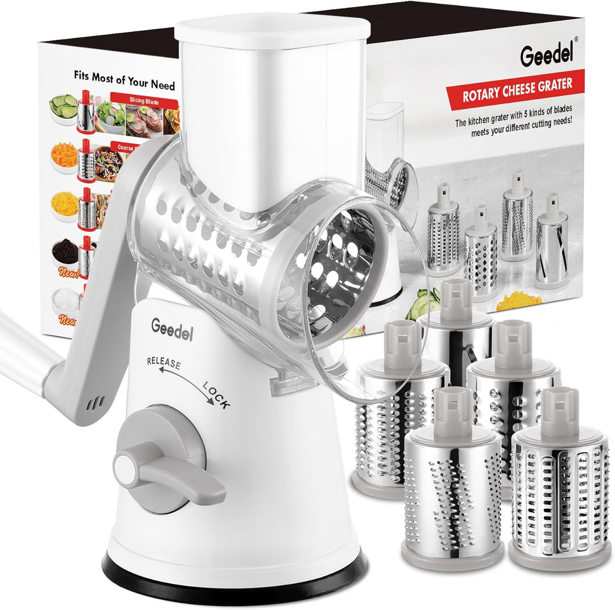 Rotary Cheese Grater Hand Crank, Cheese Shredder Vegetable Slicer | 3 Blades, 430 Stainless Steel, 12x Fast Cutting, Strong Suction Base, No BPA, Dishwasher Safe, for Cheese, Veggie, Nut