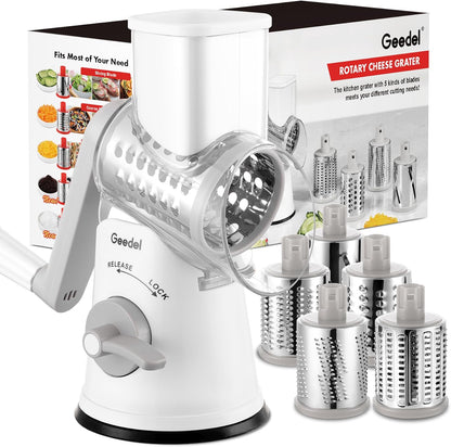 Rotary Cheese Grater Hand Crank, Cheese Shredder Vegetable Slicer | 3 Blades, 430 Stainless Steel, 12x Fast Cutting, Strong Suction Base, No BPA, Dishwasher Safe, for Cheese, Veggie, Nut