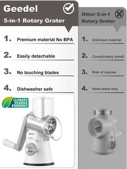 Rotary Cheese Grater Hand Crank, Cheese Shredder Vegetable Slicer | 3 Blades, 430 Stainless Steel, 12x Fast Cutting, Strong Suction Base, No BPA, Dishwasher Safe, for Cheese, Veggie, Nut