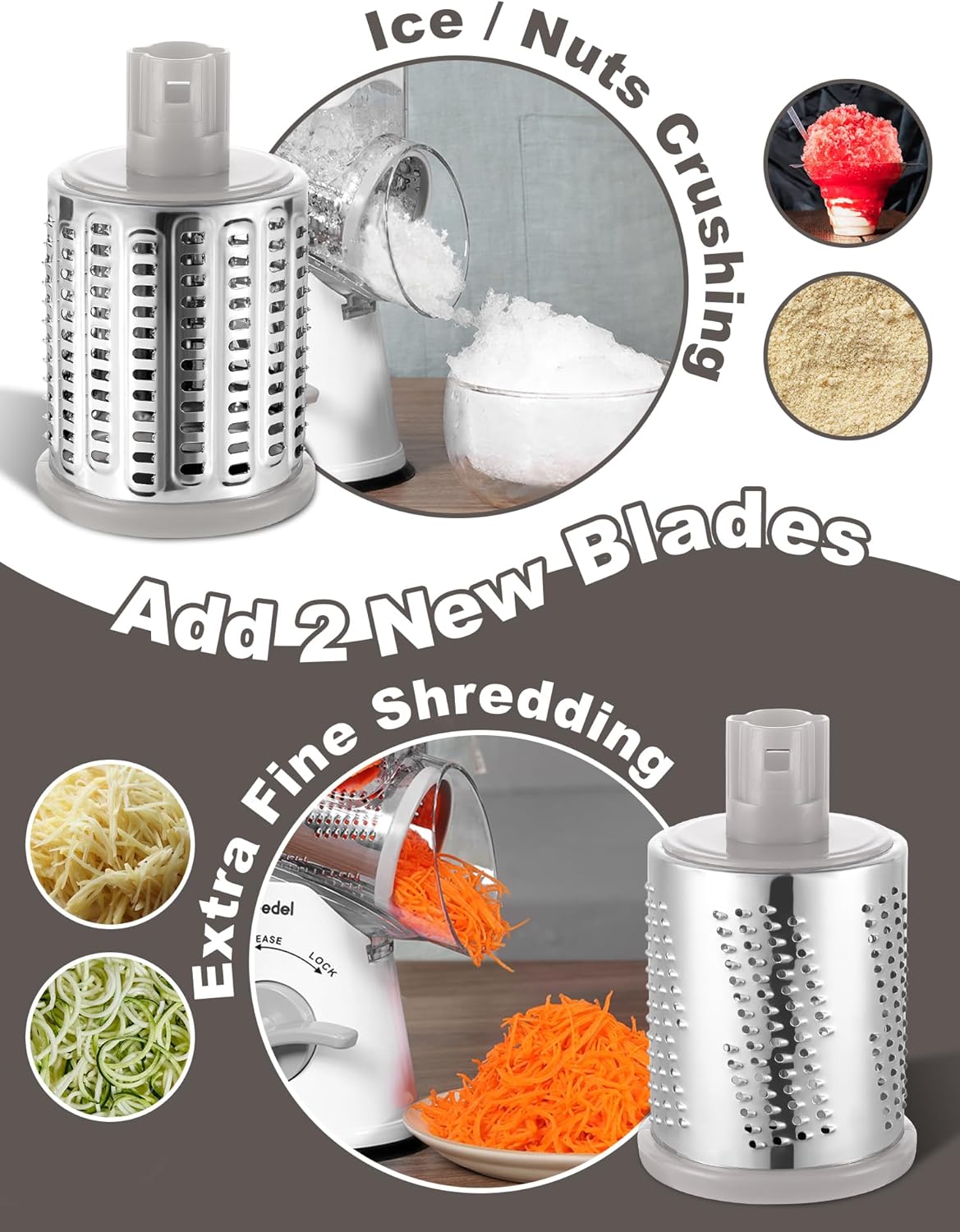 Rotary Cheese Grater Hand Crank, Cheese Shredder Vegetable Slicer | 3 Blades, 430 Stainless Steel, 12x Fast Cutting, Strong Suction Base, No BPA, Dishwasher Safe, for Cheese, Veggie, Nut