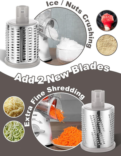 Rotary Cheese Grater Hand Crank, Cheese Shredder Vegetable Slicer | 3 Blades, 430 Stainless Steel, 12x Fast Cutting, Strong Suction Base, No BPA, Dishwasher Safe, for Cheese, Veggie, Nut