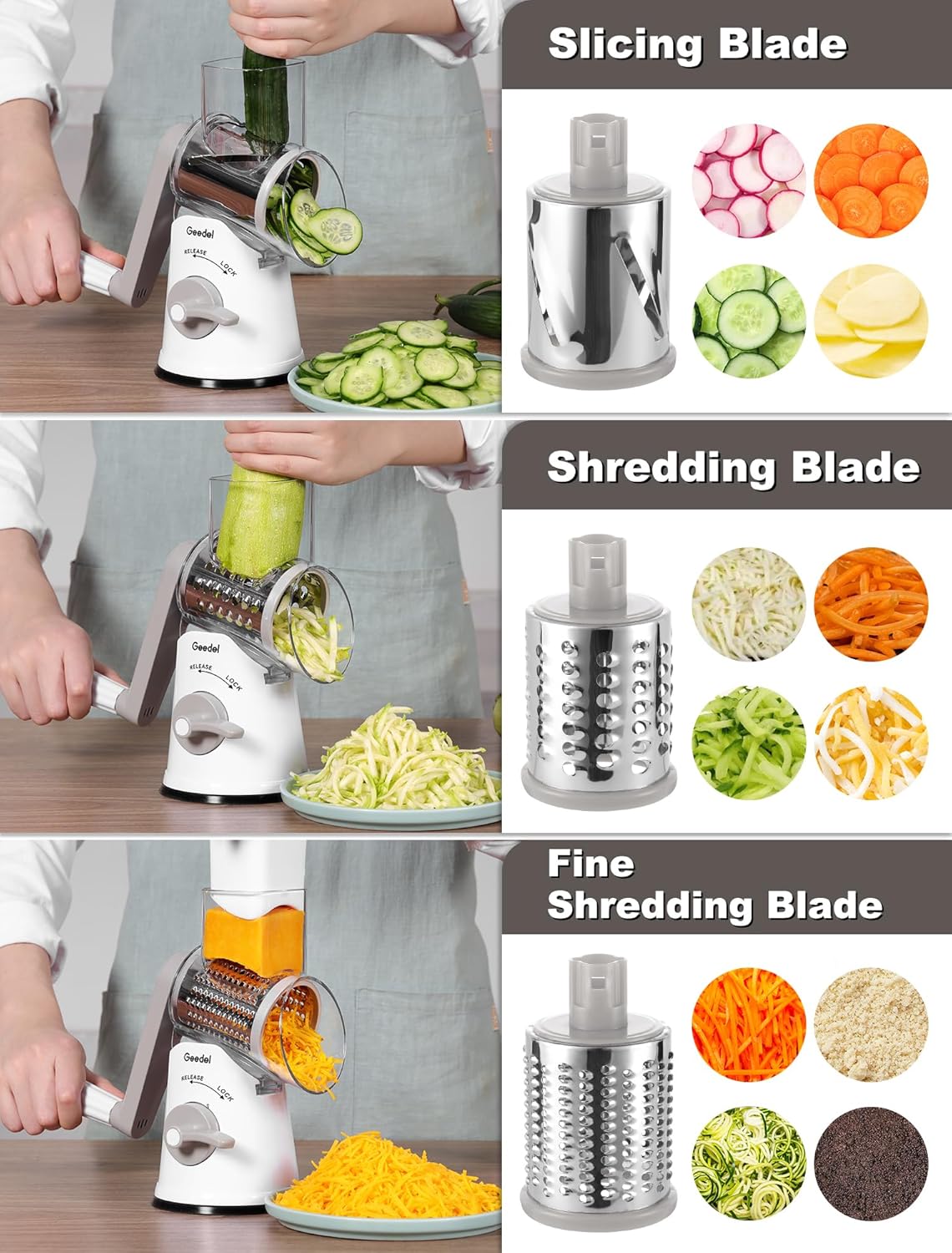 Rotary Cheese Grater Hand Crank, Cheese Shredder Vegetable Slicer | 3 Blades, 430 Stainless Steel, 12x Fast Cutting, Strong Suction Base, No BPA, Dishwasher Safe, for Cheese, Veggie, Nut