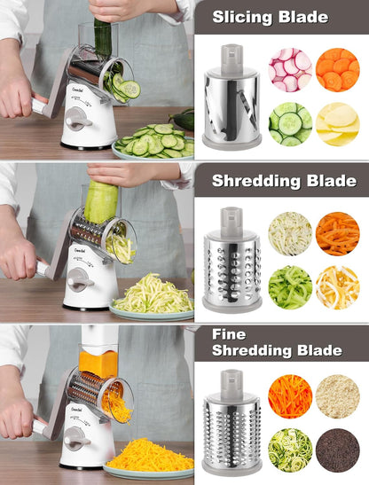 Rotary Cheese Grater Hand Crank, Cheese Shredder Vegetable Slicer | 3 Blades, 430 Stainless Steel, 12x Fast Cutting, Strong Suction Base, No BPA, Dishwasher Safe, for Cheese, Veggie, Nut
