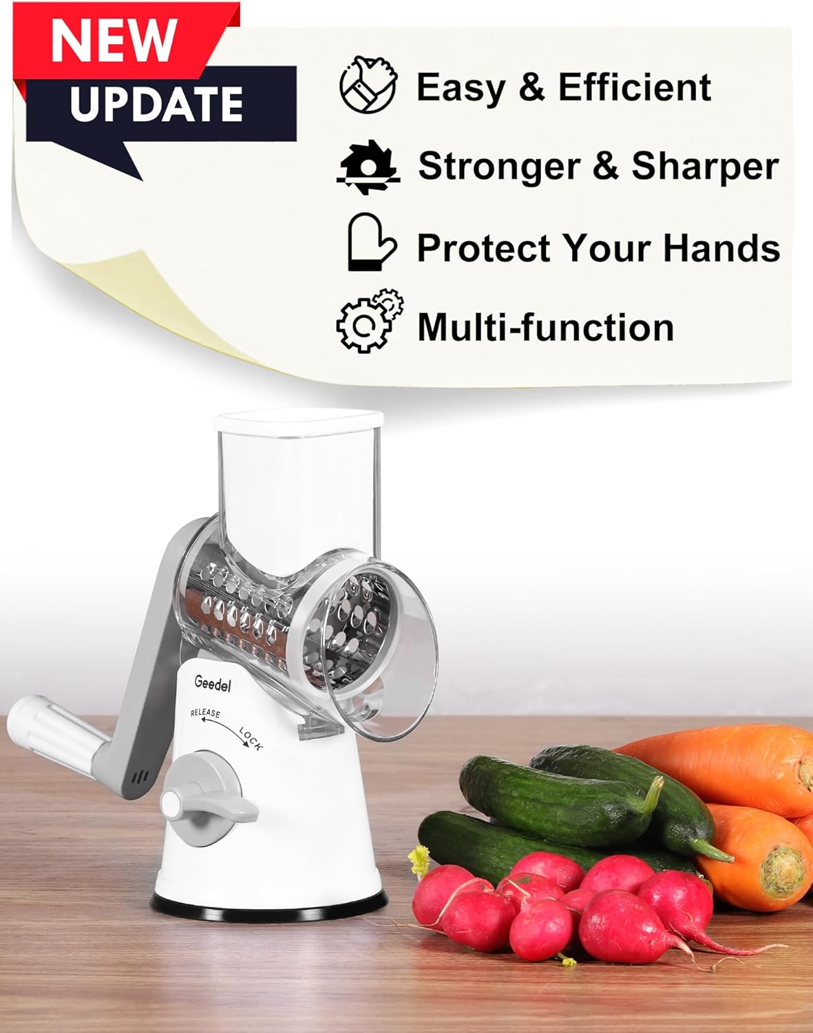 Rotary Cheese Grater Hand Crank, Cheese Shredder Vegetable Slicer | 3 Blades, 430 Stainless Steel, 12x Fast Cutting, Strong Suction Base, No BPA, Dishwasher Safe, for Cheese, Veggie, Nut