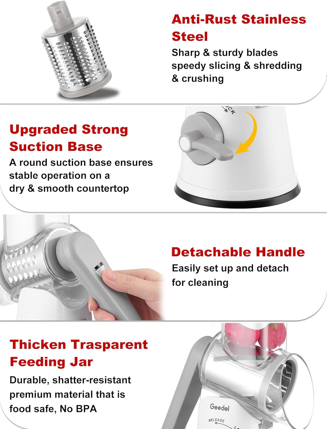 Rotary Cheese Grater Hand Crank, Cheese Shredder Vegetable Slicer | 3 Blades, 430 Stainless Steel, 12x Fast Cutting, Strong Suction Base, No BPA, Dishwasher Safe, for Cheese, Veggie, Nut