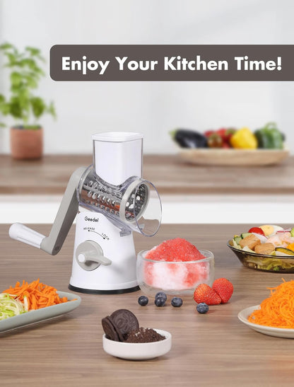 Rotary Cheese Grater Hand Crank, Cheese Shredder Vegetable Slicer | 3 Blades, 430 Stainless Steel, 12x Fast Cutting, Strong Suction Base, No BPA, Dishwasher Safe, for Cheese, Veggie, Nut