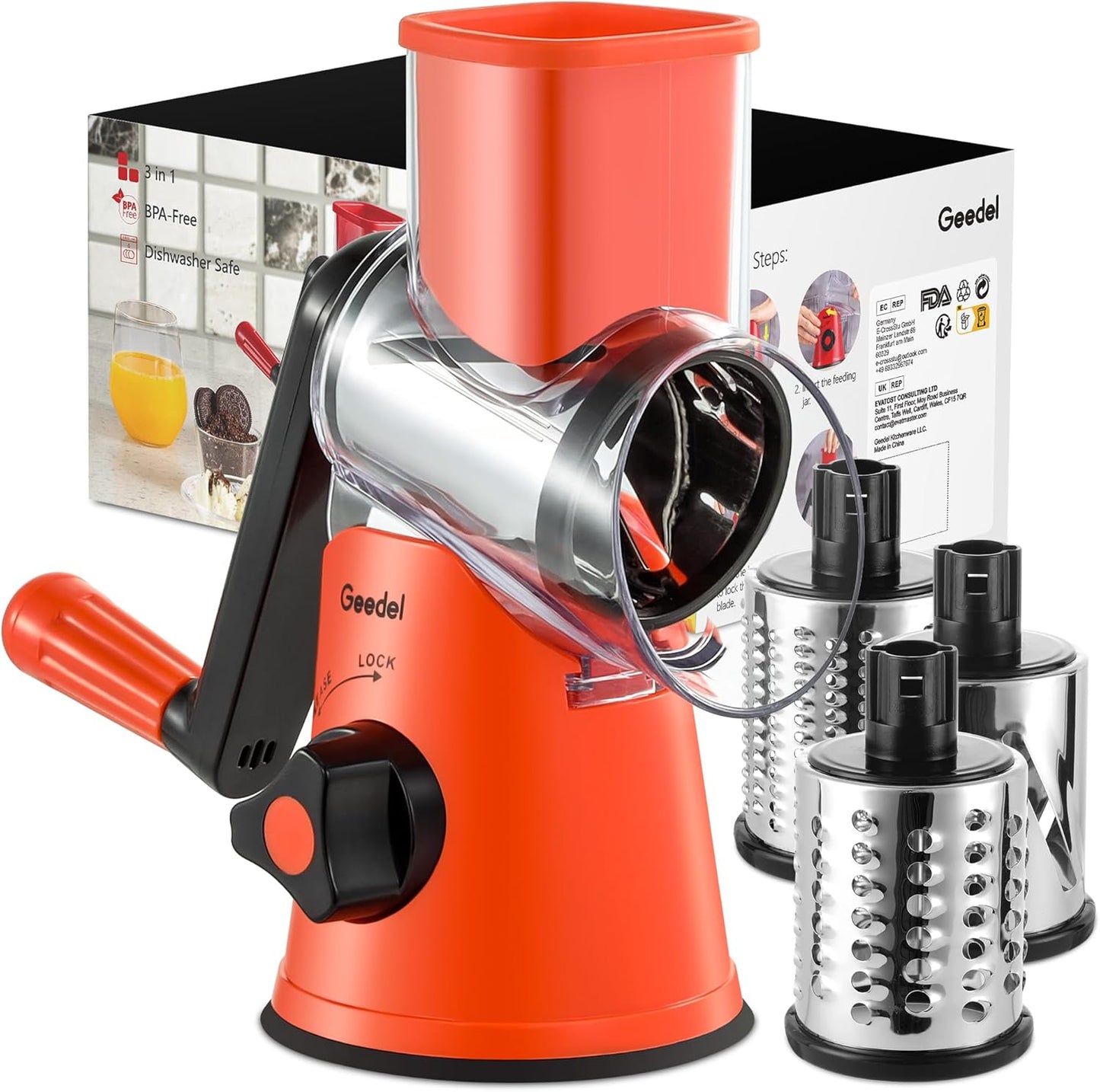 Rotary Cheese Grater Hand Crank, Cheese Shredder Vegetable Slicer | 3 Blades, 430 Stainless Steel, 12x Fast Cutting, Strong Suction Base, No BPA, Dishwasher Safe, for Cheese, Veggie, Nut