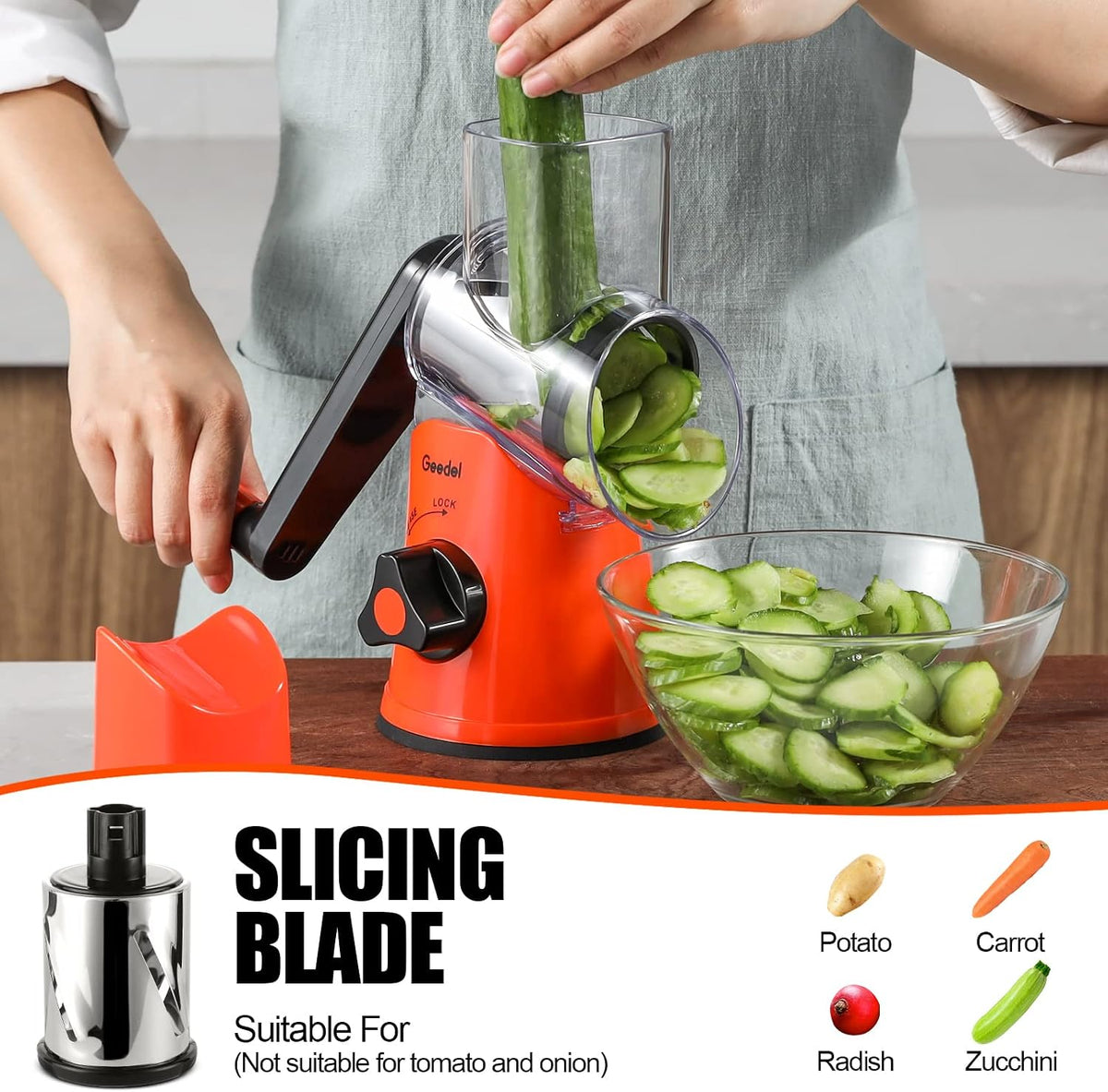 Rotary Cheese Grater Hand Crank, Cheese Shredder Vegetable Slicer | 3 Blades, 430 Stainless Steel, 12x Fast Cutting, Strong Suction Base, No BPA, Dishwasher Safe, for Cheese, Veggie, Nut