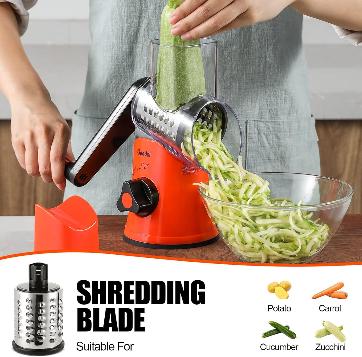 Rotary Cheese Grater Hand Crank, Cheese Shredder Vegetable Slicer | 3 Blades, 430 Stainless Steel, 12x Fast Cutting, Strong Suction Base, No BPA, Dishwasher Safe, for Cheese, Veggie, Nut