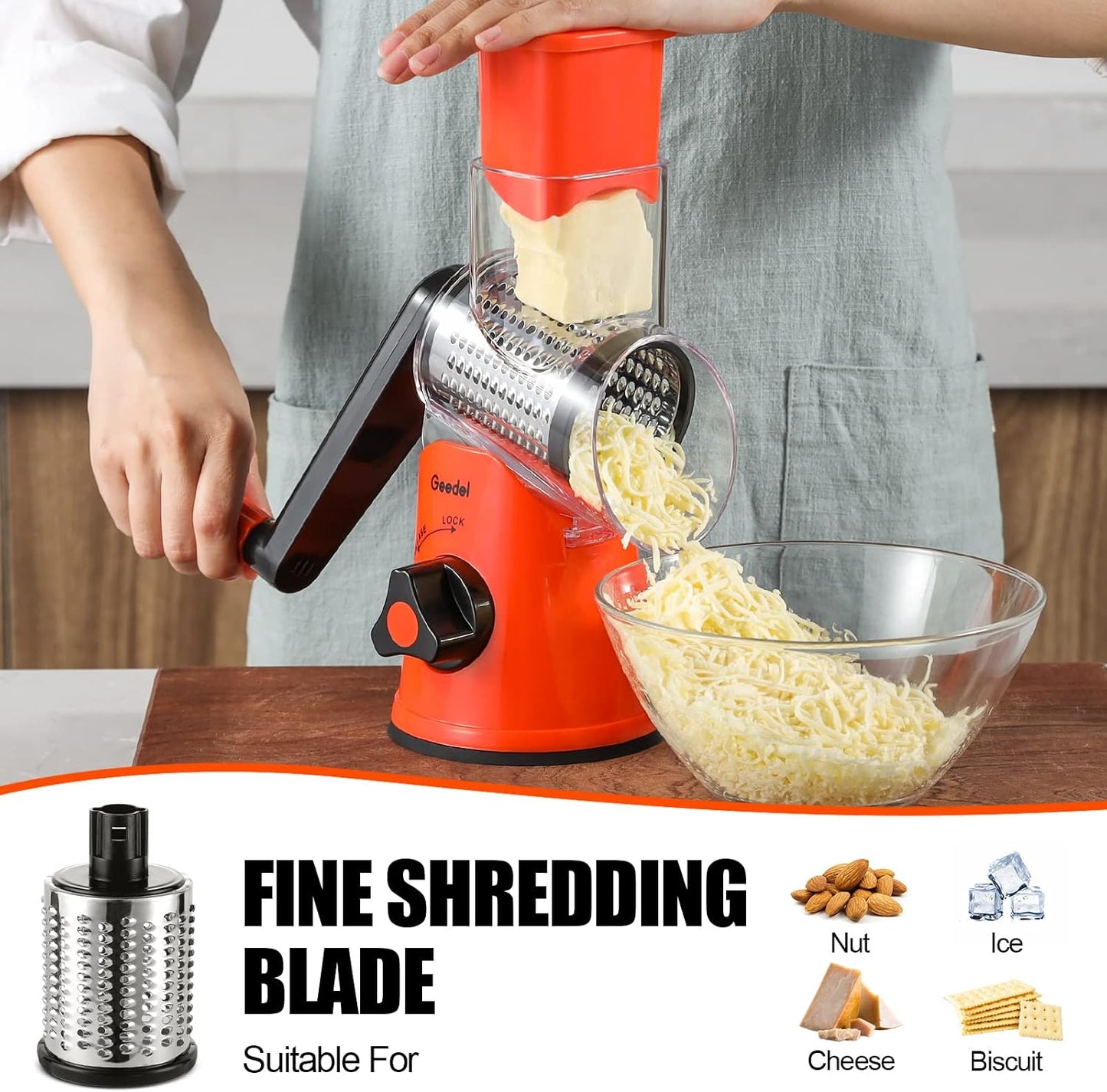 Rotary Cheese Grater Hand Crank, Cheese Shredder Vegetable Slicer | 3 Blades, 430 Stainless Steel, 12x Fast Cutting, Strong Suction Base, No BPA, Dishwasher Safe, for Cheese, Veggie, Nut