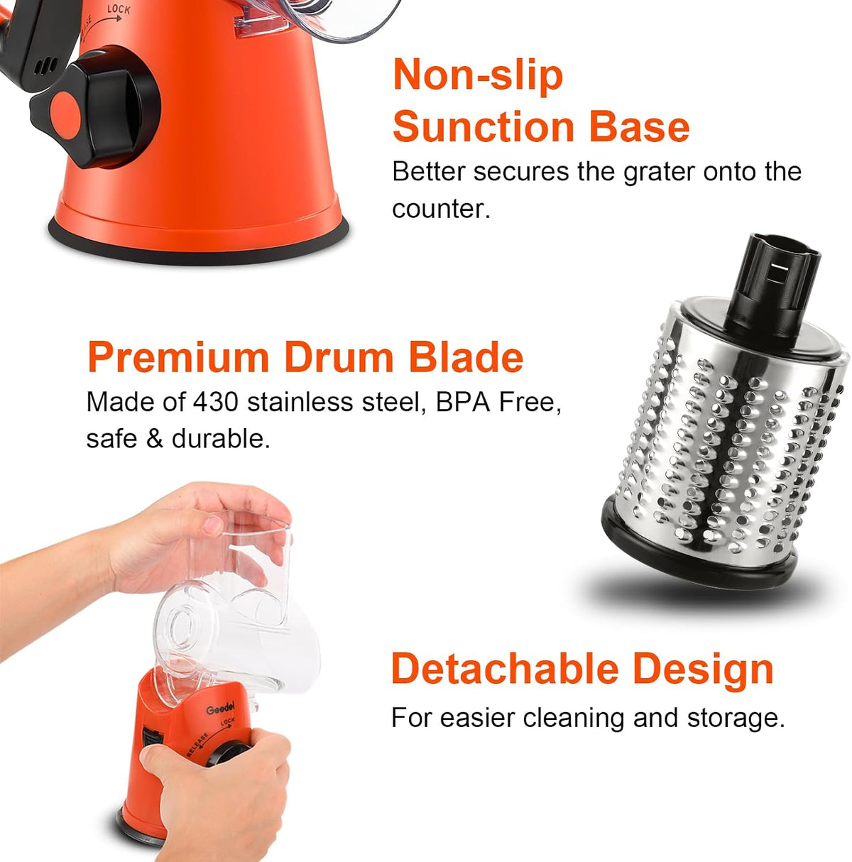 Rotary Cheese Grater Hand Crank, Cheese Shredder Vegetable Slicer | 3 Blades, 430 Stainless Steel, 12x Fast Cutting, Strong Suction Base, No BPA, Dishwasher Safe, for Cheese, Veggie, Nut