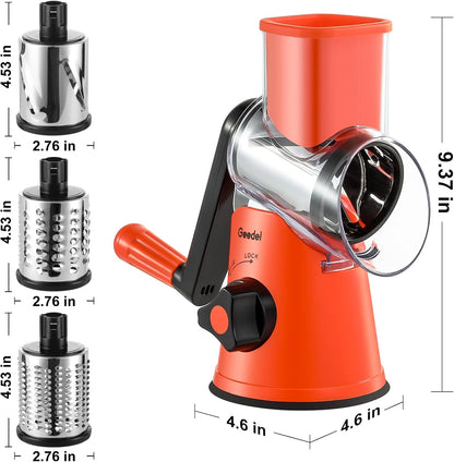 Rotary Cheese Grater Hand Crank, Cheese Shredder Vegetable Slicer | 3 Blades, 430 Stainless Steel, 12x Fast Cutting, Strong Suction Base, No BPA, Dishwasher Safe, for Cheese, Veggie, Nut