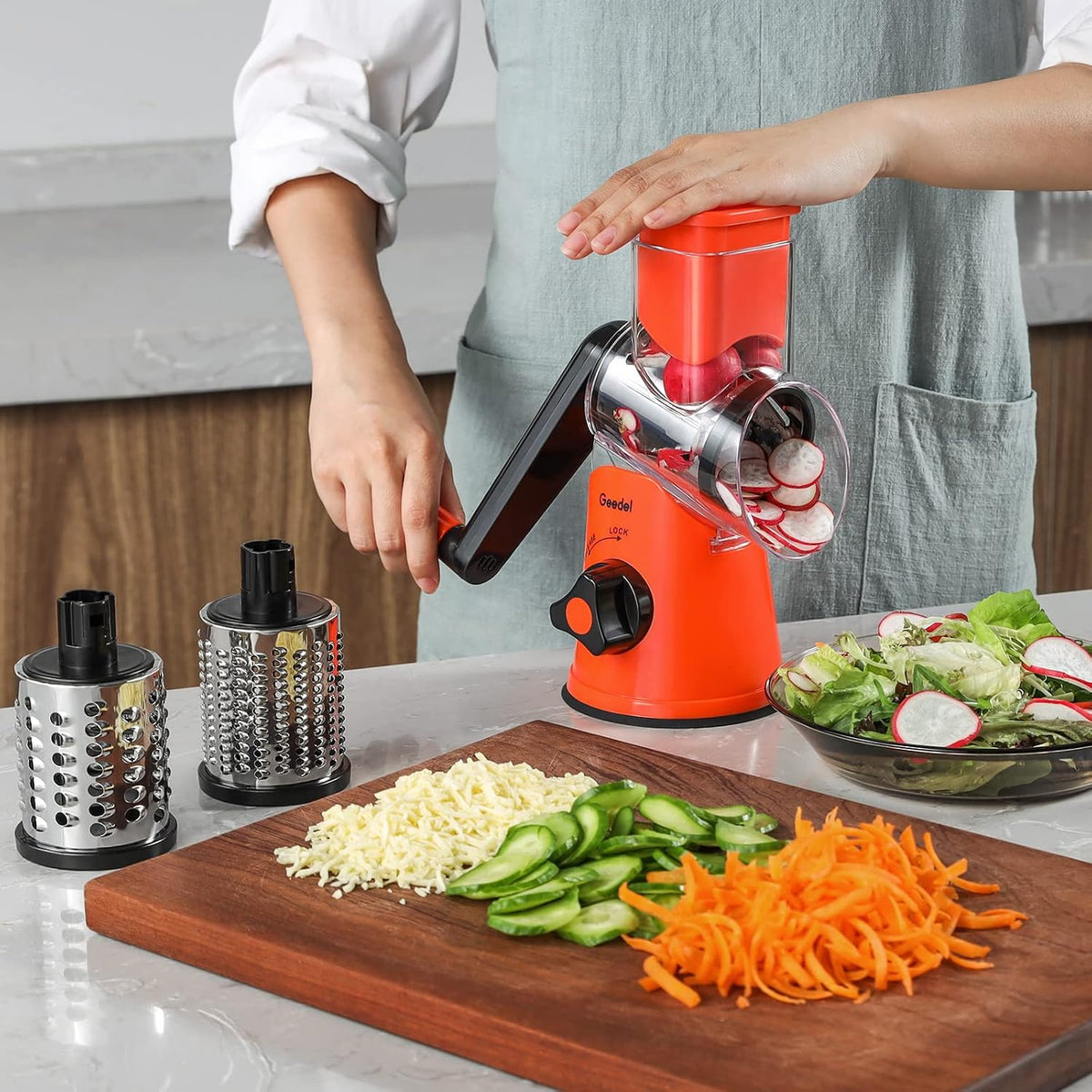 Rotary Cheese Grater Hand Crank, Cheese Shredder Vegetable Slicer | 3 Blades, 430 Stainless Steel, 12x Fast Cutting, Strong Suction Base, No BPA, Dishwasher Safe, for Cheese, Veggie, Nut