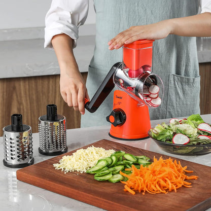 Rotary Cheese Grater Hand Crank, Cheese Shredder Vegetable Slicer | 3 Blades, 430 Stainless Steel, 12x Fast Cutting, Strong Suction Base, No BPA, Dishwasher Safe, for Cheese, Veggie, Nut