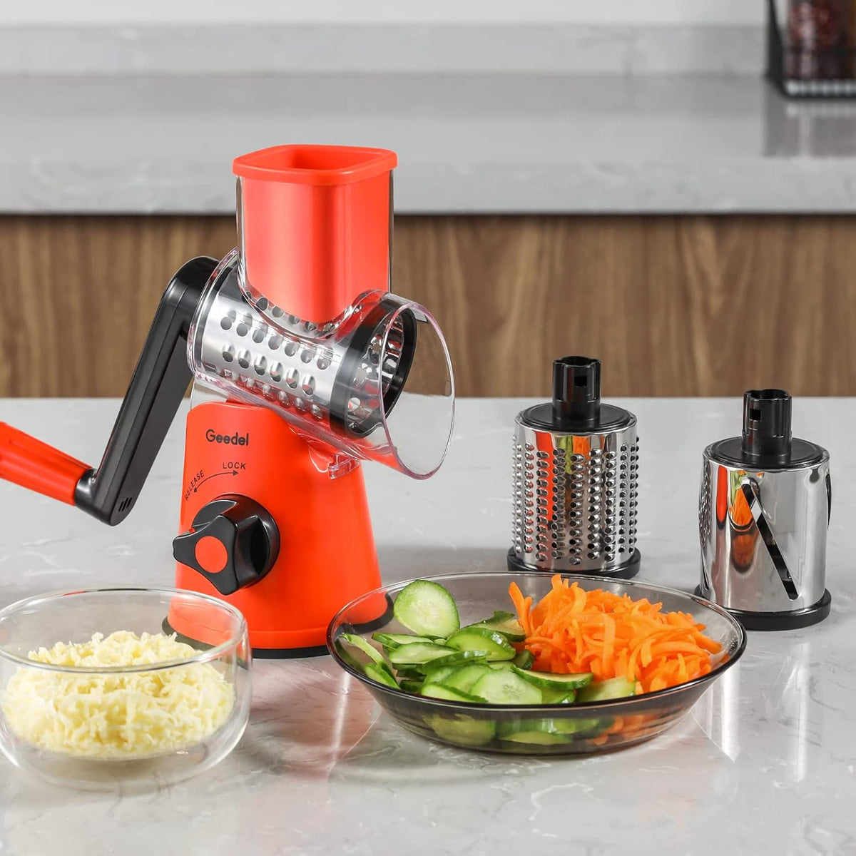 Rotary Cheese Grater Hand Crank, Cheese Shredder Vegetable Slicer | 3 Blades, 430 Stainless Steel, 12x Fast Cutting, Strong Suction Base, No BPA, Dishwasher Safe, for Cheese, Veggie, Nut