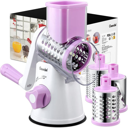 Rotary Cheese Grater Hand Crank, Cheese Shredder Vegetable Slicer | 3 Blades, 430 Stainless Steel, 12x Fast Cutting, Strong Suction Base, No BPA, Dishwasher Safe, for Cheese, Veggie, Nut