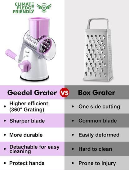 Rotary Cheese Grater Hand Crank, Cheese Shredder Vegetable Slicer | 3 Blades, 430 Stainless Steel, 12x Fast Cutting, Strong Suction Base, No BPA, Dishwasher Safe, for Cheese, Veggie, Nut