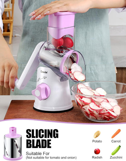 Rotary Cheese Grater Hand Crank, Cheese Shredder Vegetable Slicer | 3 Blades, 430 Stainless Steel, 12x Fast Cutting, Strong Suction Base, No BPA, Dishwasher Safe, for Cheese, Veggie, Nut