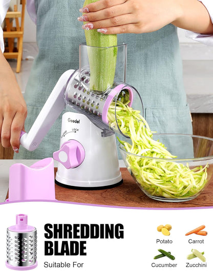 Rotary Cheese Grater Hand Crank, Cheese Shredder Vegetable Slicer | 3 Blades, 430 Stainless Steel, 12x Fast Cutting, Strong Suction Base, No BPA, Dishwasher Safe, for Cheese, Veggie, Nut