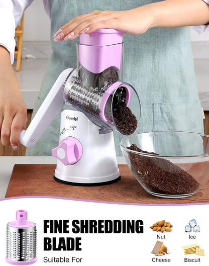 Rotary Cheese Grater Hand Crank, Cheese Shredder Vegetable Slicer | 3 Blades, 430 Stainless Steel, 12x Fast Cutting, Strong Suction Base, No BPA, Dishwasher Safe, for Cheese, Veggie, Nut