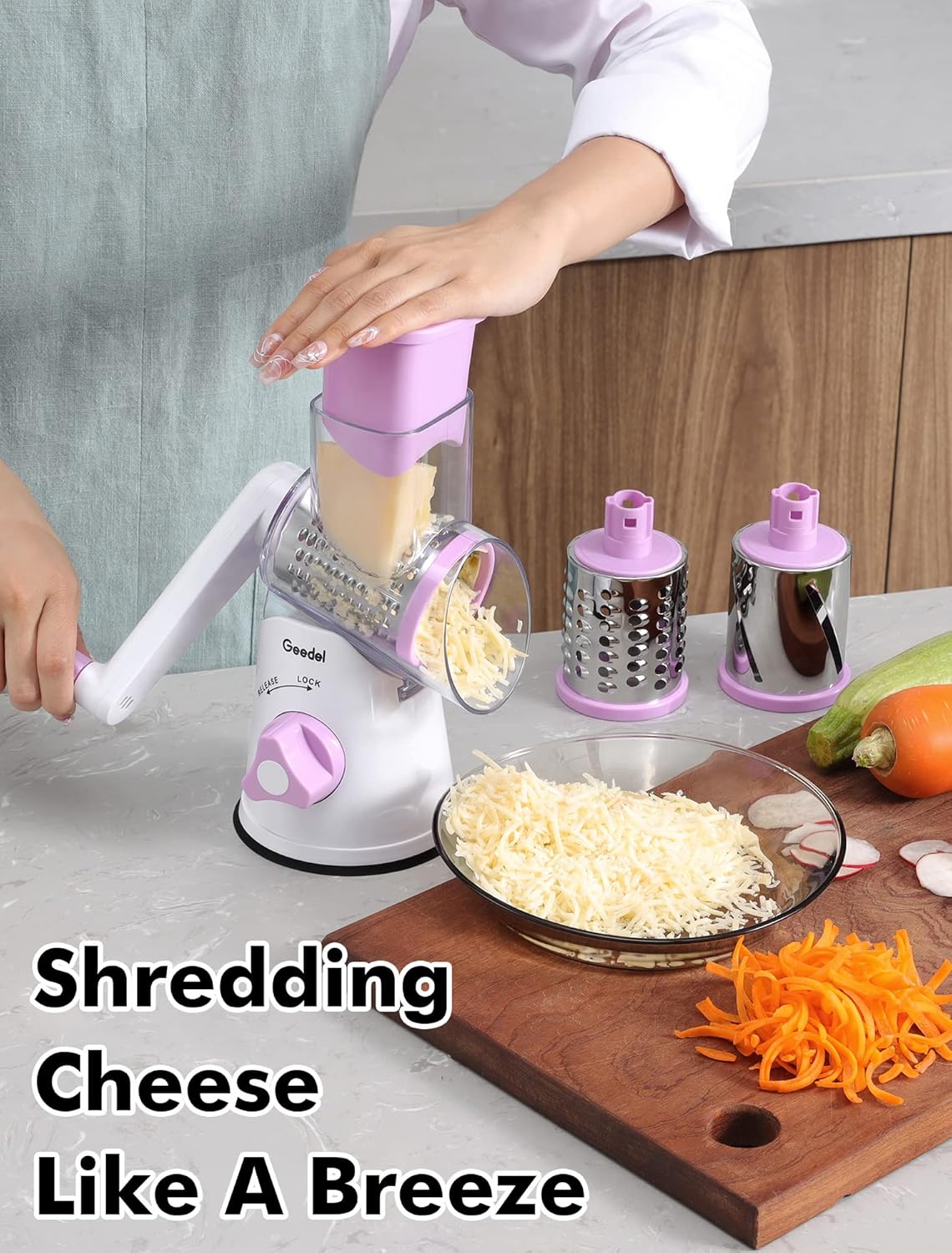 Rotary Cheese Grater Hand Crank, Cheese Shredder Vegetable Slicer | 3 Blades, 430 Stainless Steel, 12x Fast Cutting, Strong Suction Base, No BPA, Dishwasher Safe, for Cheese, Veggie, Nut