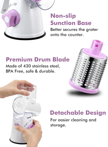Rotary Cheese Grater Hand Crank, Cheese Shredder Vegetable Slicer | 3 Blades, 430 Stainless Steel, 12x Fast Cutting, Strong Suction Base, No BPA, Dishwasher Safe, for Cheese, Veggie, Nut