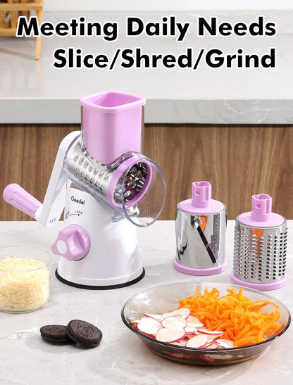 Rotary Cheese Grater Hand Crank, Cheese Shredder Vegetable Slicer | 3 Blades, 430 Stainless Steel, 12x Fast Cutting, Strong Suction Base, No BPA, Dishwasher Safe, for Cheese, Veggie, Nut