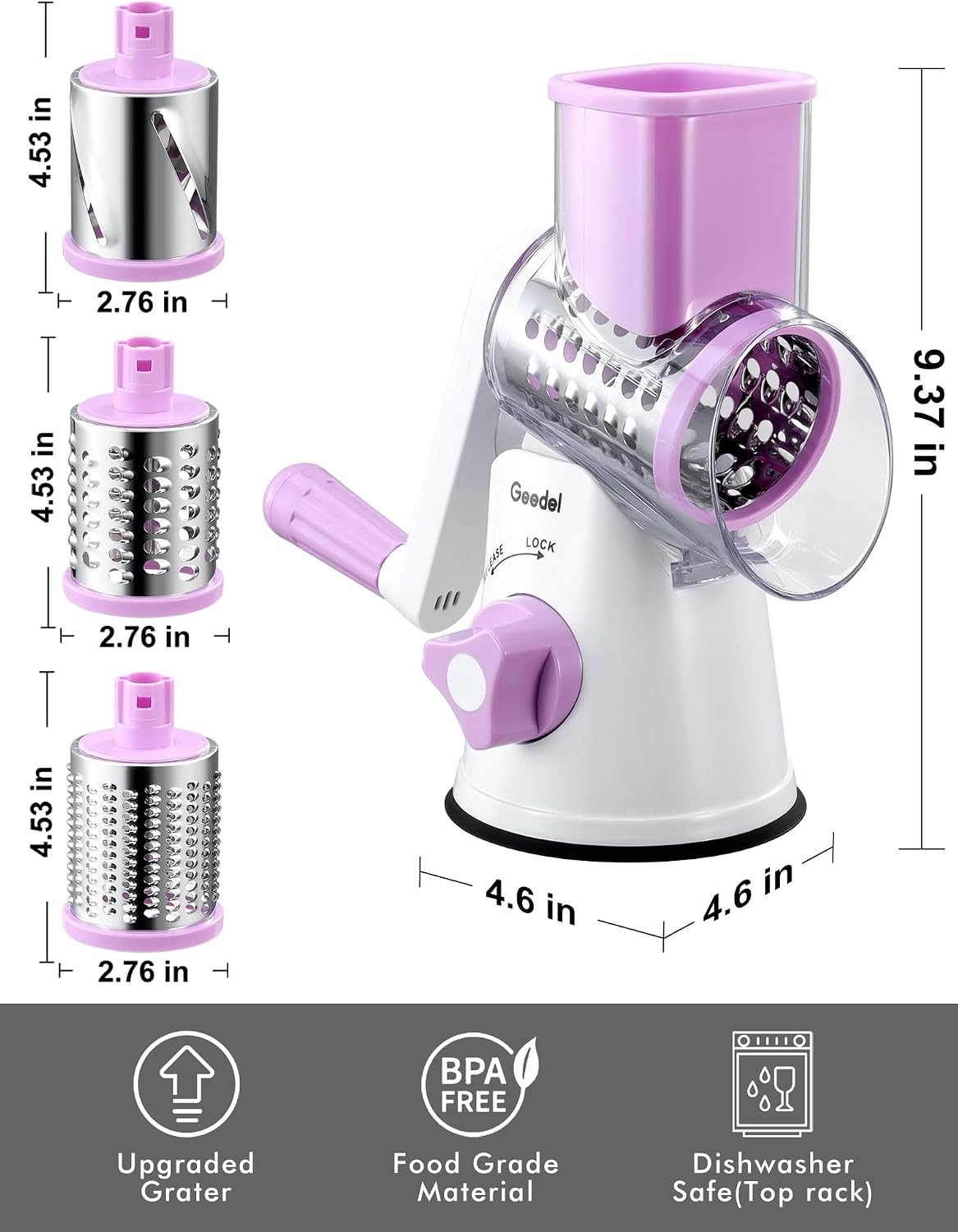 Rotary Cheese Grater Hand Crank, Cheese Shredder Vegetable Slicer | 3 Blades, 430 Stainless Steel, 12x Fast Cutting, Strong Suction Base, No BPA, Dishwasher Safe, for Cheese, Veggie, Nut